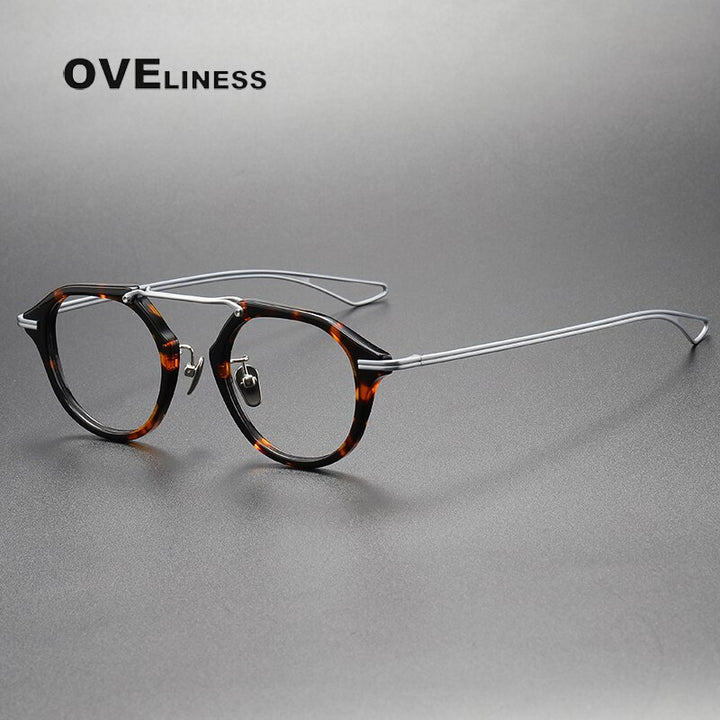 Oveliness Unisex Full Rim Polygon Double Bridge Acetate Titanium Eyeglasses Dxt119 Full Rim Oveliness tortoise silver  