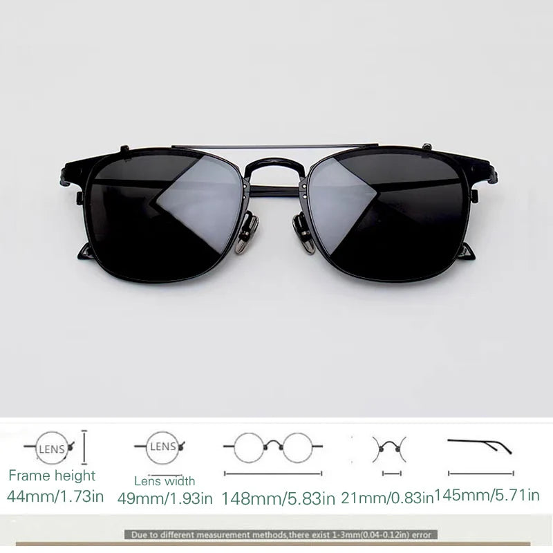 Yujo Men's Full Rim Square Titanium Eyeglasses Clip On Sunglasses 583148