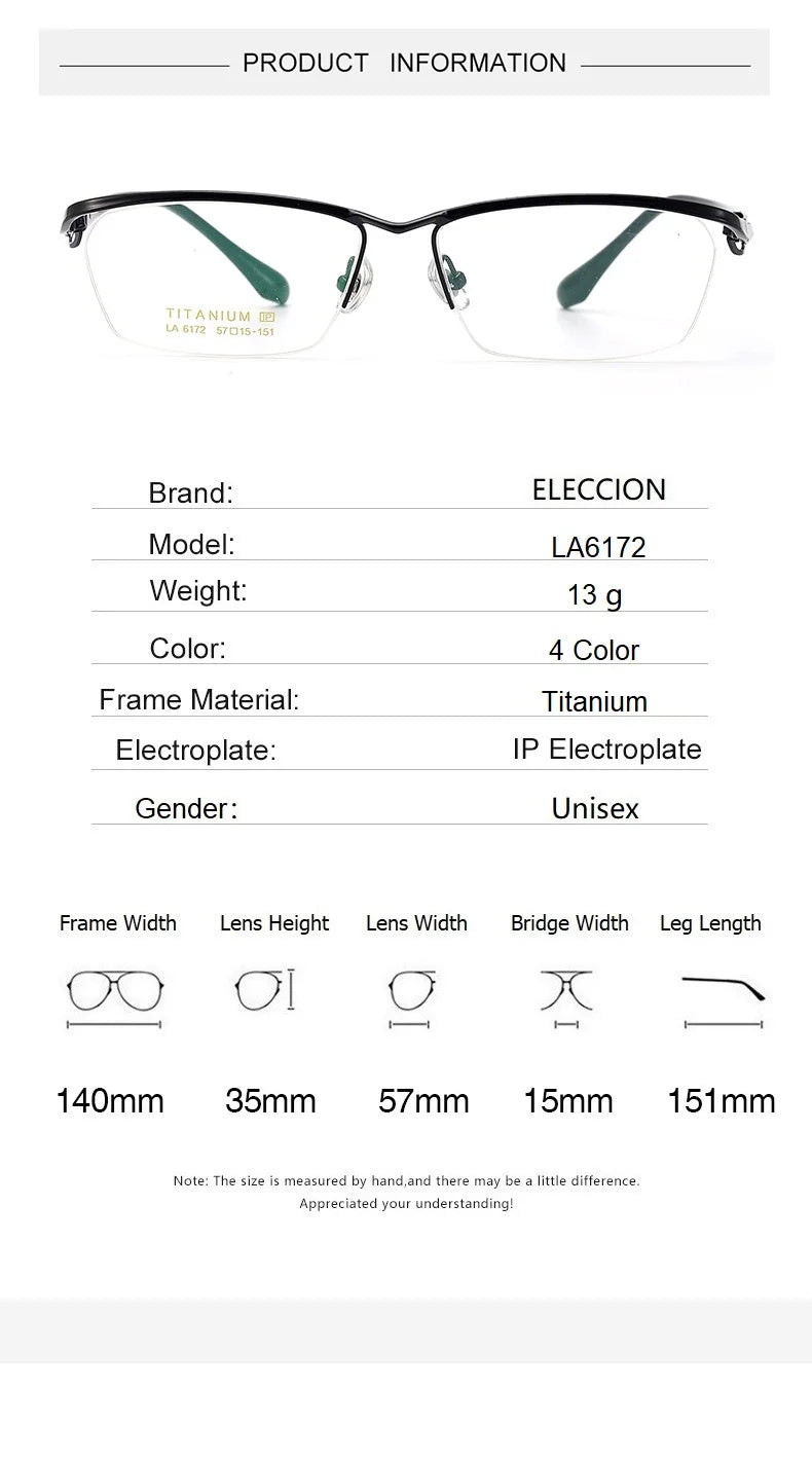 Eleccion Unisex Semi Rim Square Brow Line Titanium Eyeglasses 6172