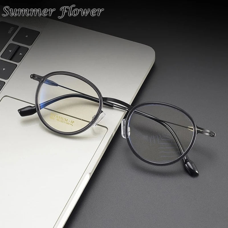 Summer Flower Women's Full Rim Round Acetate Titanium Eyeglasses 99237