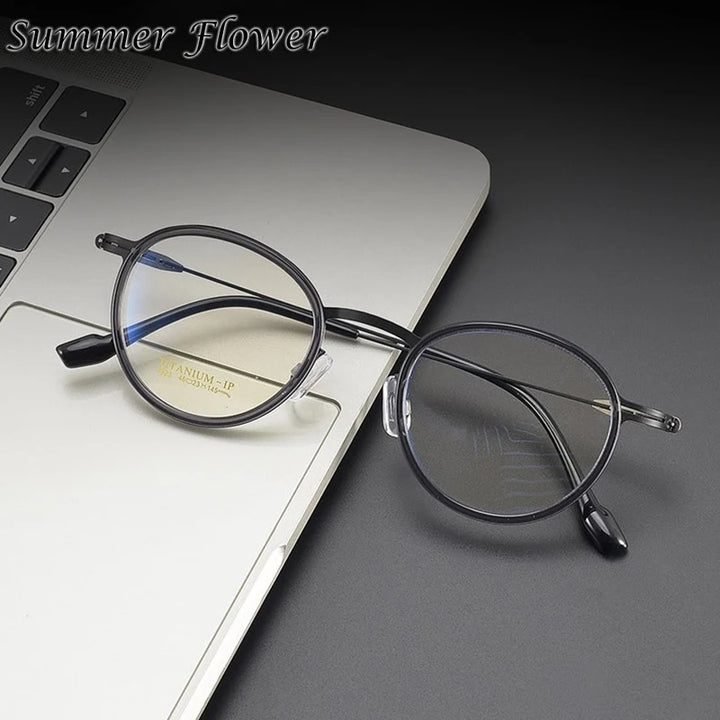 Summer Flower Women's Full Rim Round Acetate Titanium Eyeglasses 99237