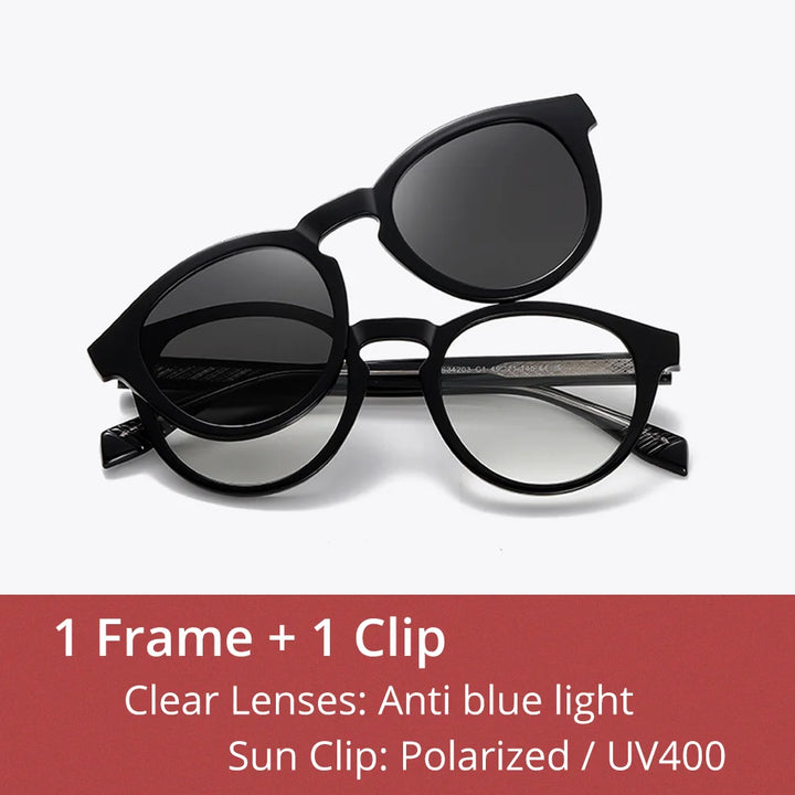 Ralferty Unisex Full Rim Round Acetate Eyeglasses Clip On Sunglasses 334203