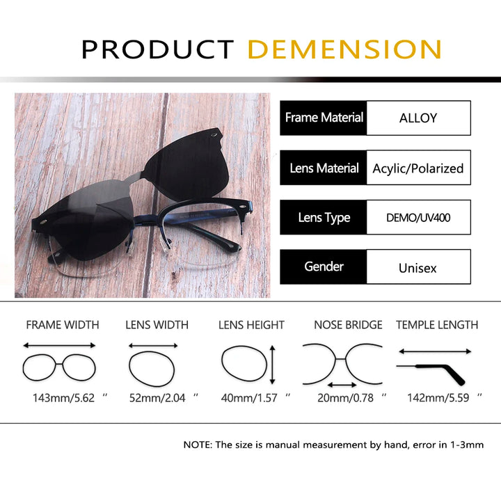 Esnbie Unisex Full Rim Square Alloy Eyeglasses Clip On Sunglasses 718061