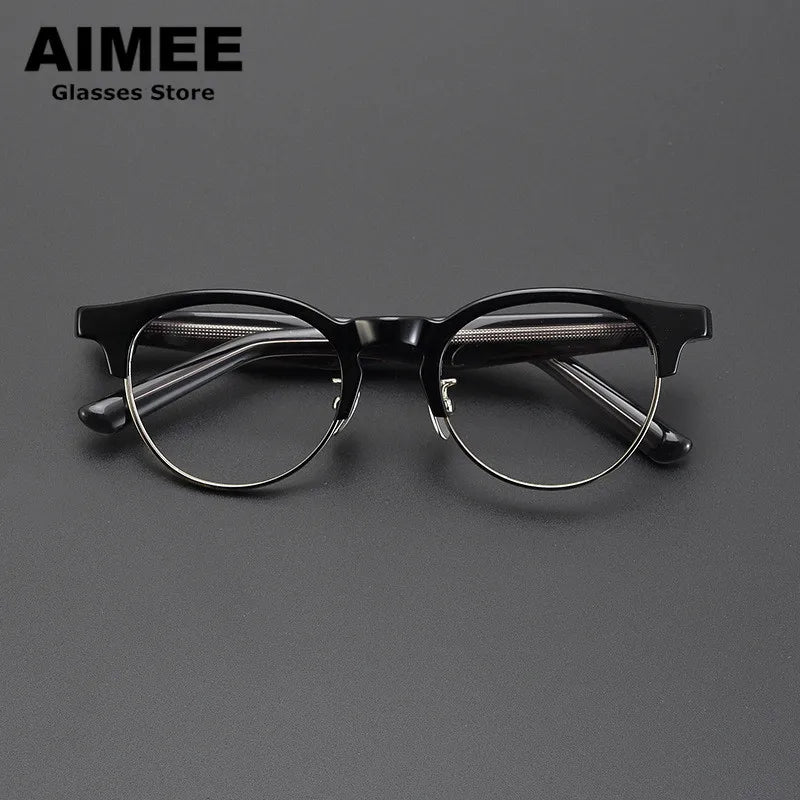 Aimee Unisex Full Rim Round Acetate Titanium Eyeglasses 9006 Full Rim Aimee Black-Silver  