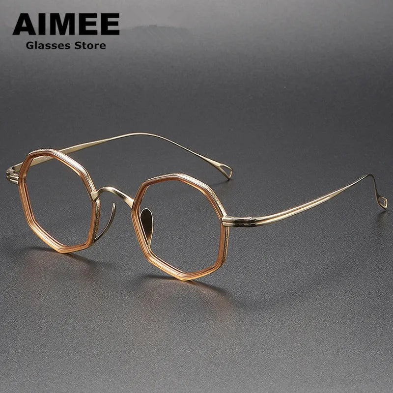 Aimee Unisex Full Rim Polygon Round Titanium Acetate Eyeglasses 80872 Full Rim Aimee Yellow-Golden  