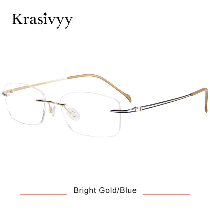 Krasivyy Unisex Rimless Oval Square Titanium Eyeglasses 16075 Rimless Krasivyy Bright Gold Blue  