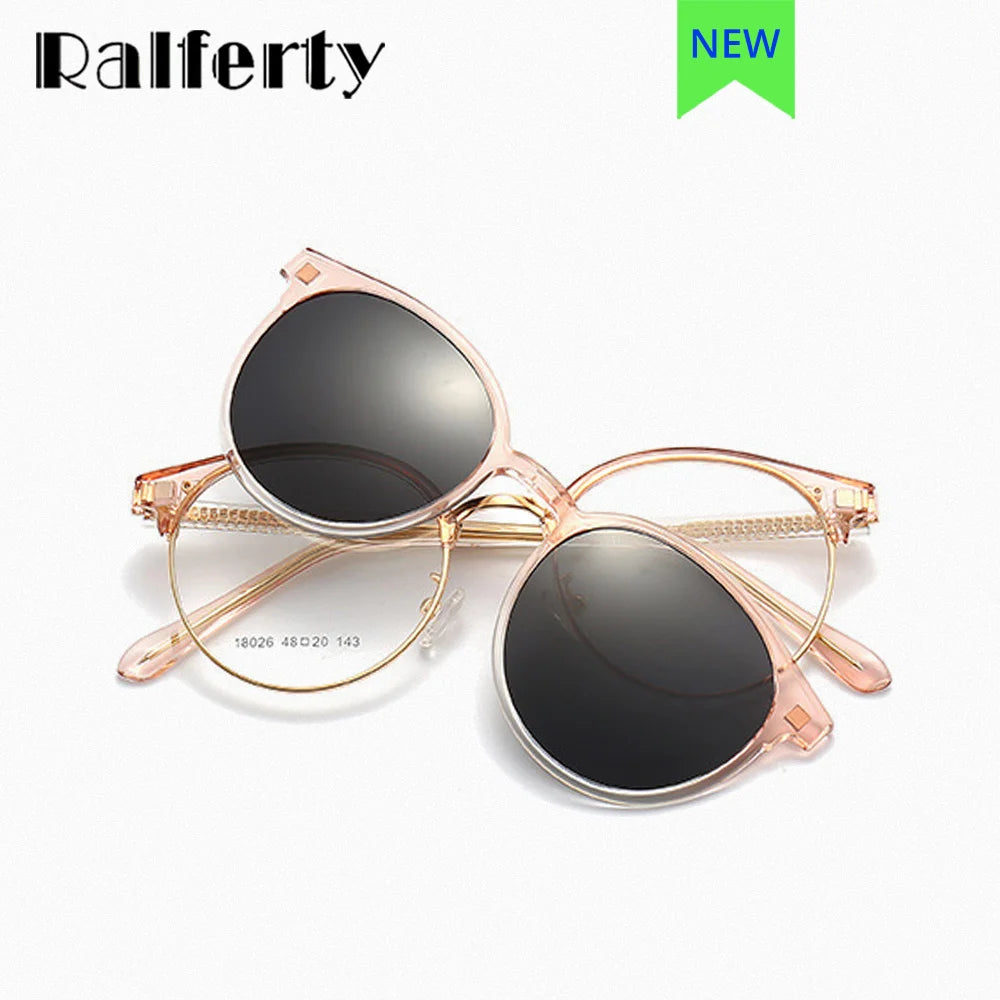 Ralferty Women's Full Rim Round Acetate Eyeglasses Clip On Polarized Sunglasses R026 With Clip Ons Ralferty   