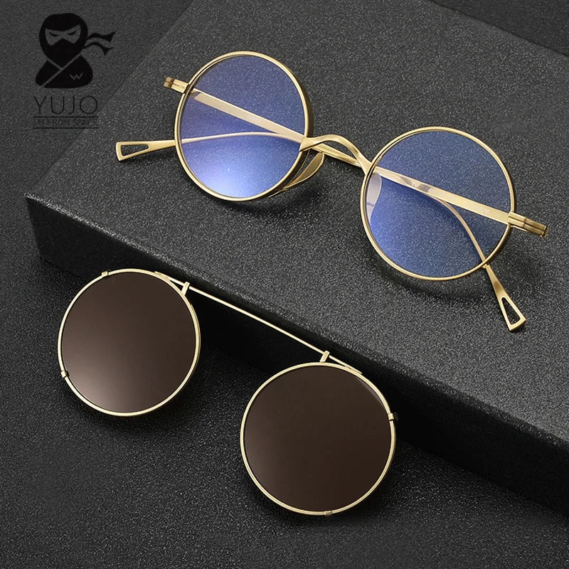 Yujo Women's Full Rim Round Titanium Eyeglasses Clip On Sunglasses 145100
