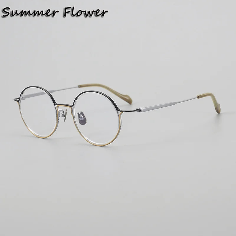 Summer Flower Unisex Full Rim Round Acetate Titanium Eyeglasses 24002 Full Rim Summer Flower Black Yellow