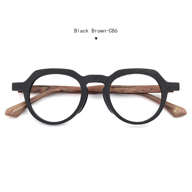 Hdcrafter Unisex Full Rim Flat Top Round Wood Eyeglasses 6022 Full Rim Hdcrafter Eyeglasses Black-Brown  