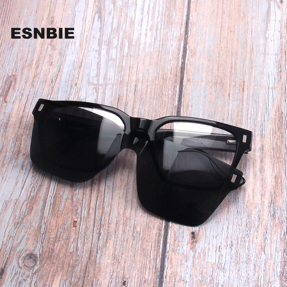 Esnbie Men's Full Rim Square Acetate Eyeglasses Clip On Sunglasses 711211