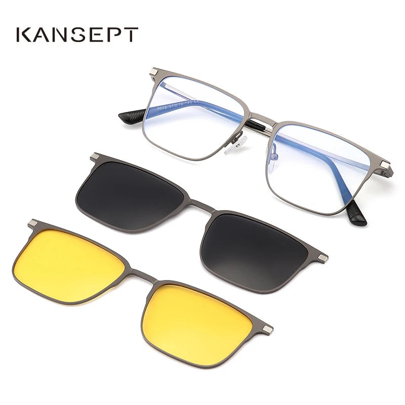 Kansept Women's Full Rim Square Titanium Reading Glasses Clip On Sunglasses 7012 With Clip Ons Kansept