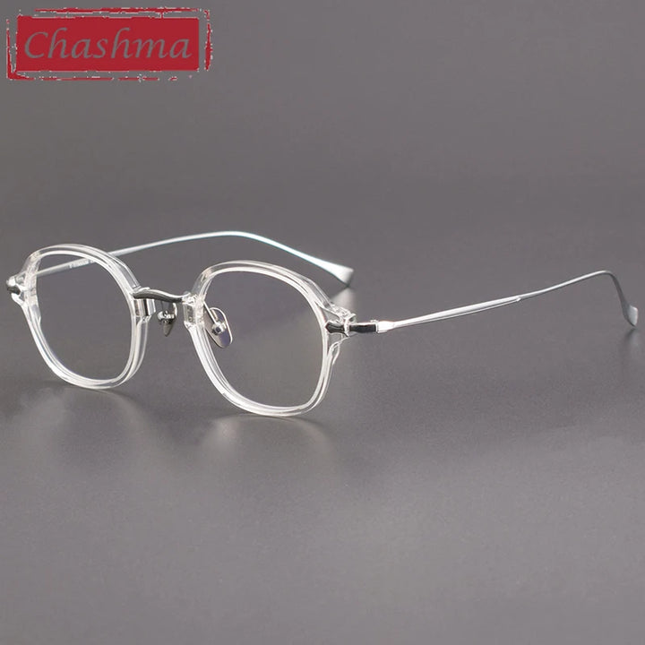 Chashma Unisex Full Rim Flat Top Round Acetate Titanium Eyeglasses 183 Full Rim Chashma Transparent Silver  