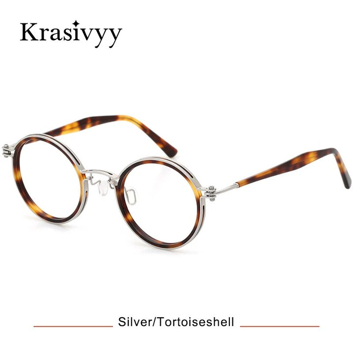 Krasivyy Unisex Full Rim Round Acetate Titanium Eyeglasses Kr5862 Full Rim Krasivyy Silver Tortoiseshell  