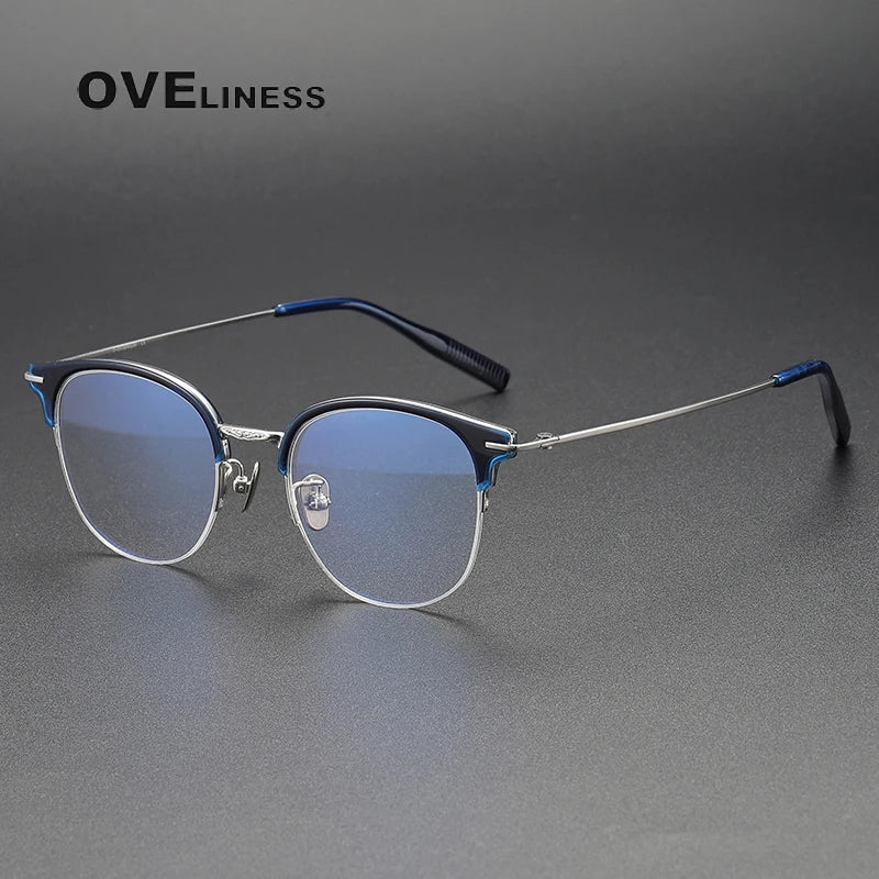 Oveliness Unisex Semi Rim Square Oval Acetate Titanium Eyeglasses 8098 Semi Rim Oveliness blue silver  