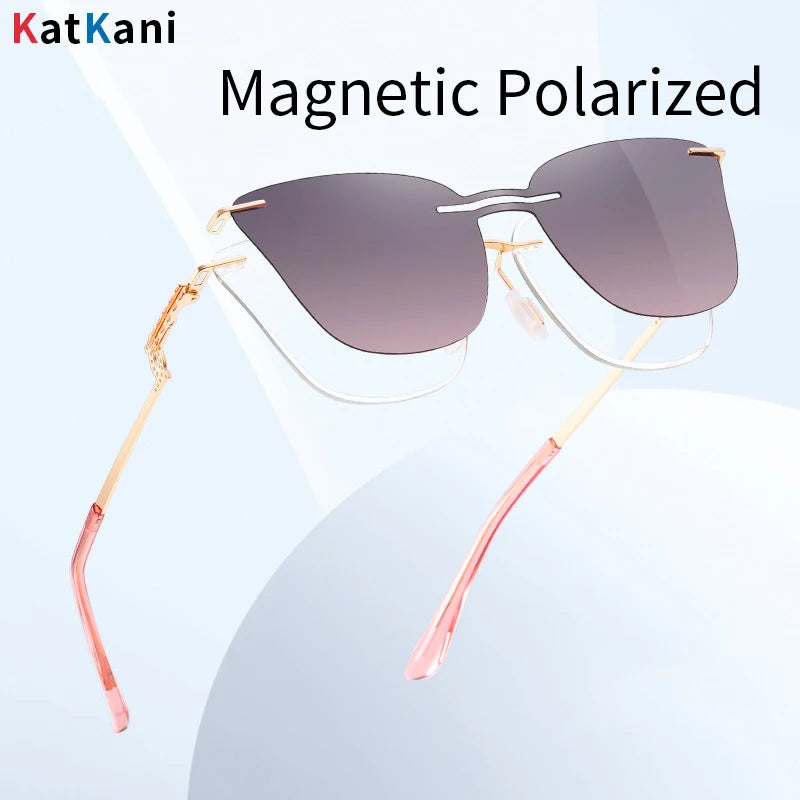KatKani Unisex Rimless Cat Eye Alloy Eyeglasses Clip On Polarized Sunglasses 7203 Rimless KatKani Eyeglasses   