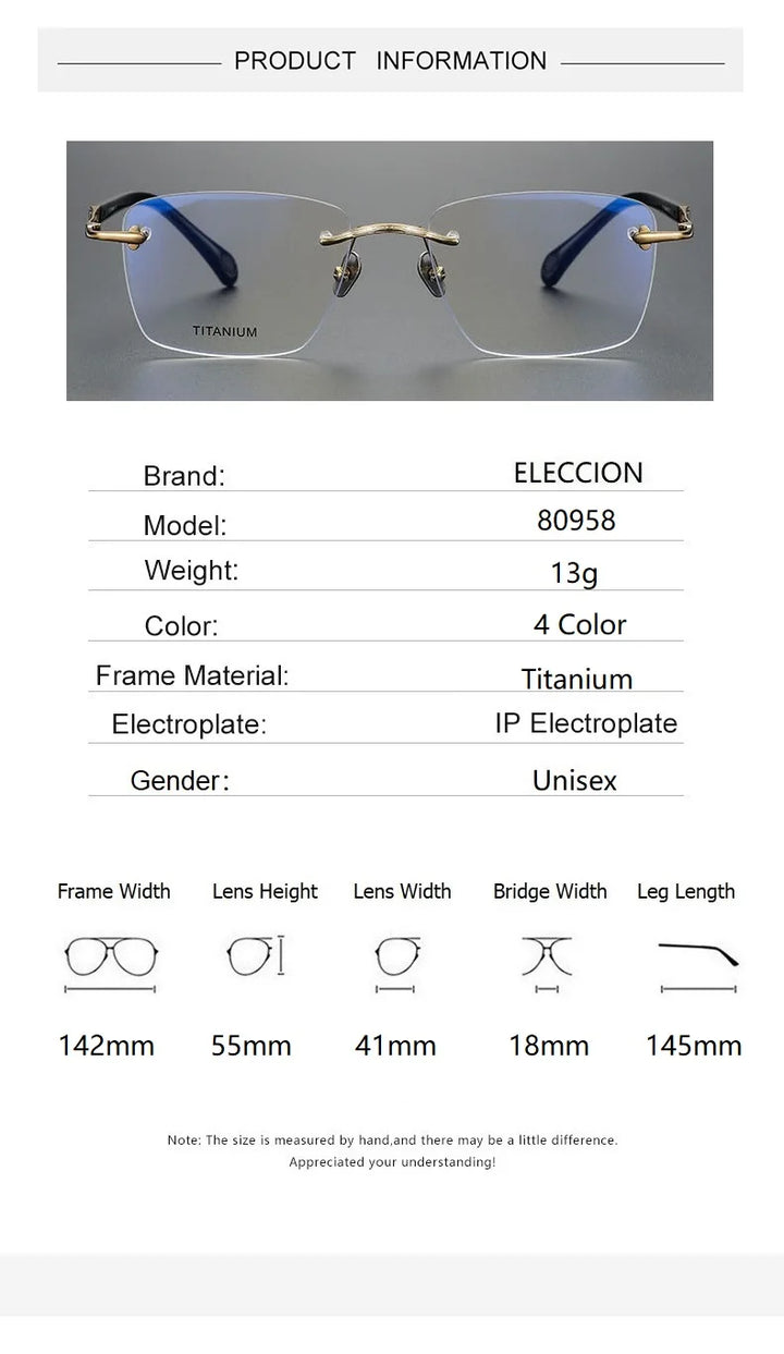 Eleccion Unisex Rimless Square Titanium Eyeglasses 80958