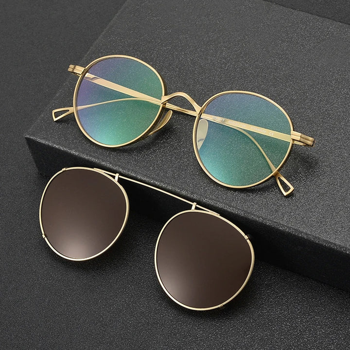 Black Mask Unisex Full Rim Round Titanium Eyeglasses Clip On Sunglasses