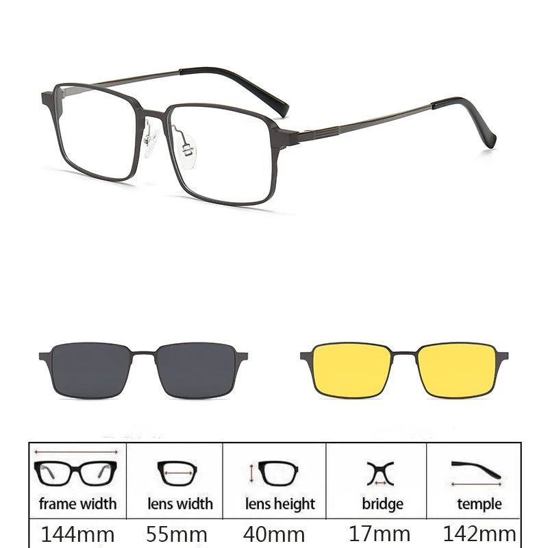 Hdcrafter Men's Full Rim Square Double Bridge Titanium Eyeglasses Clip On Sunglasses 275009