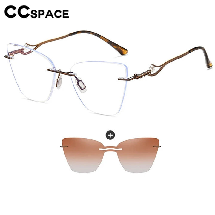 CCspace Women's Rimless Cat Eye Alloy Eyeglasses Clip On Sunglasses 302128 With Clip Ons CCspace   