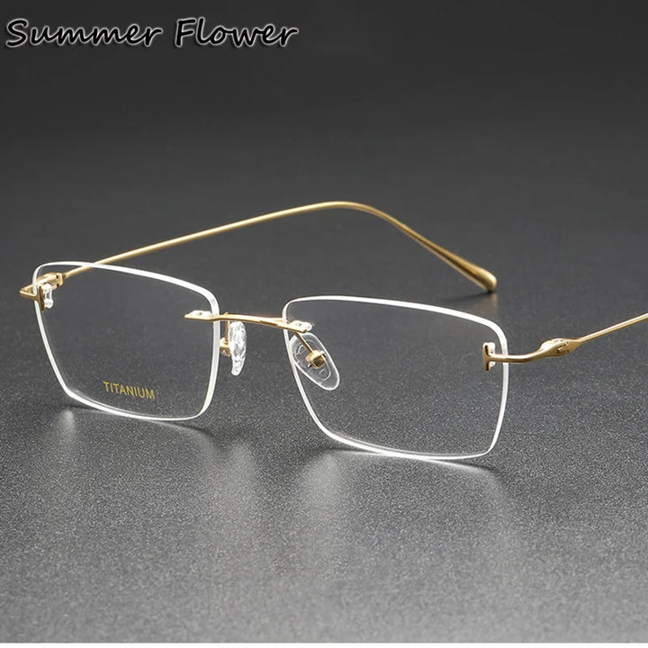 Summer Flower Unisex Rimless Polygon Square Titanium Eyeglasses 85678 Rimless Summer Flower