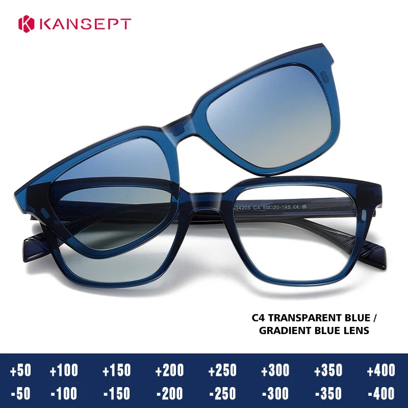 Kansept Women's Full Rim Square Tr 90 Alloy Reading Glasses Clip On Sunglasses 34205