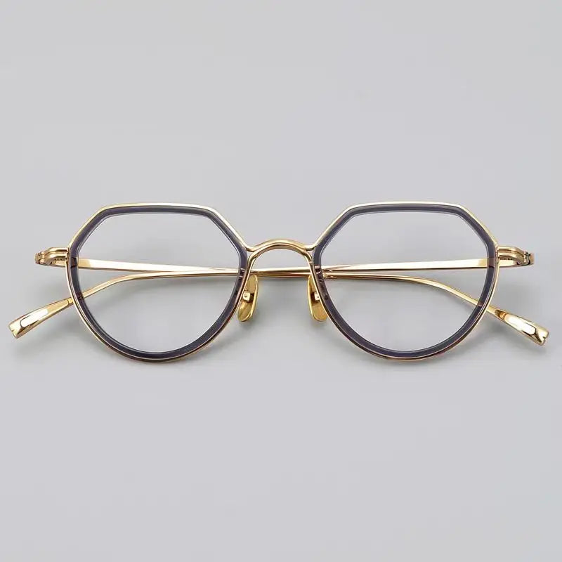 Hewei Unisex Full Rim Flat Top Round Acetate Alloy Eyeglasses 422420 Full Rim Hewei gold gray  