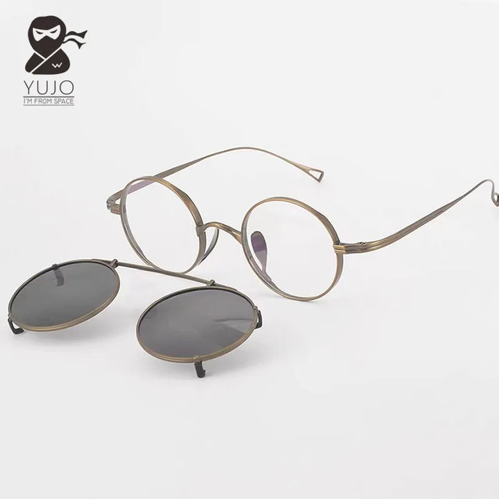 Yujo Women's Full Rim Round Titanium Eyeglasses Clip On Sunglasses 14136