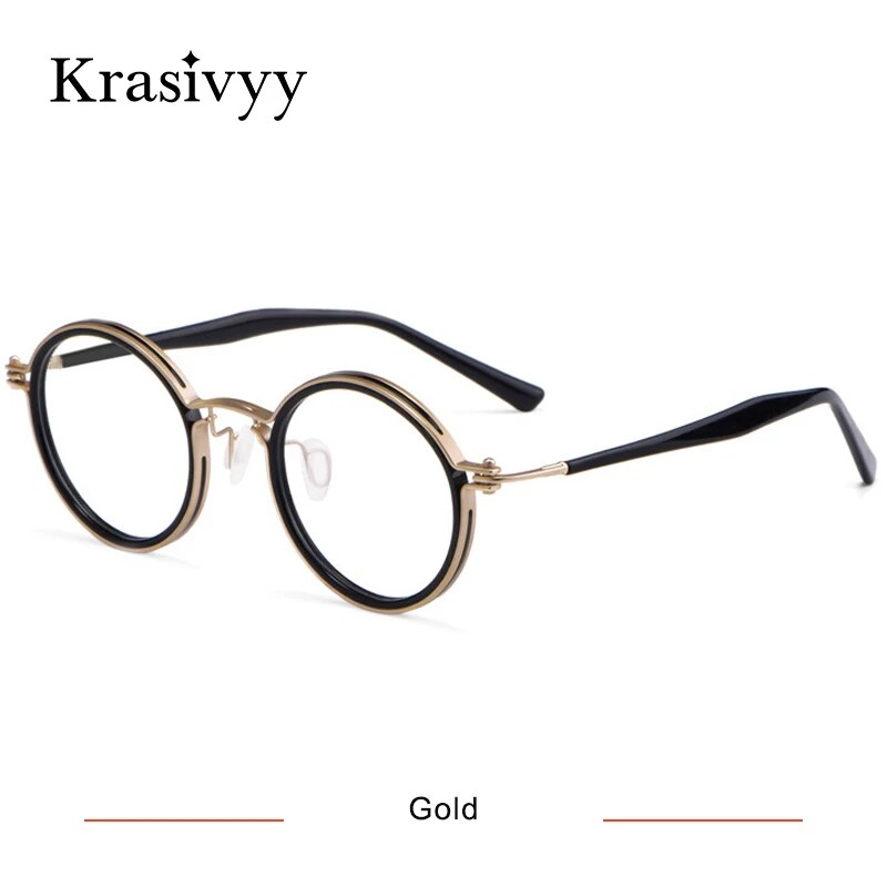 Krasivyy Unisex Full Rim Round Acetate Titanium Eyeglasses Kr5862 Full Rim Krasivyy Gold  