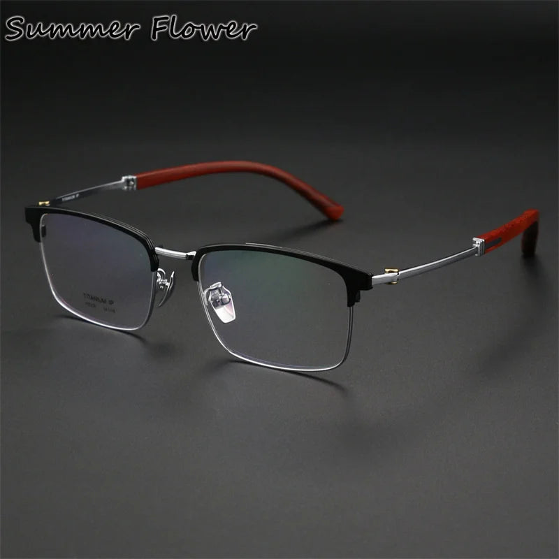 Summer Flower Women's Full Rim Square Titanium Wood Eyeglasses 612336