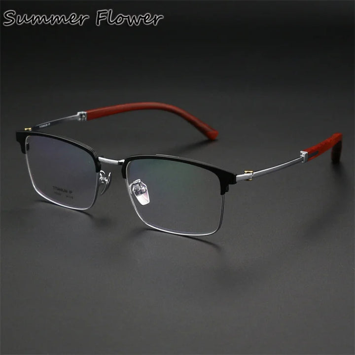Summer Flower Women's Full Rim Square Titanium Wood Eyeglasses 612336