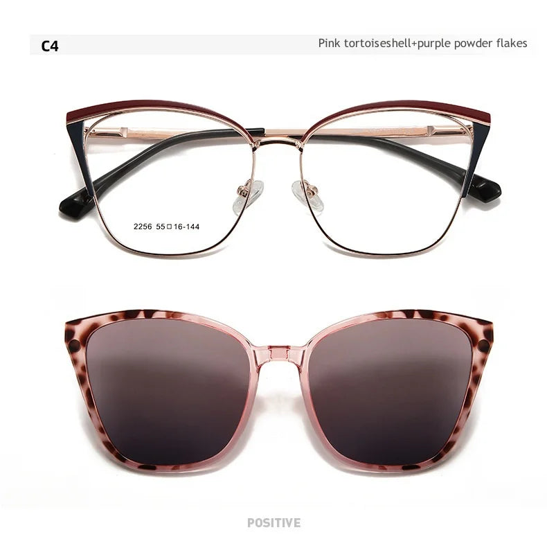 KatKani Womens Full Rim Cat Eye Aloy Eyeglasses With Clip On Sunglasses 2256 Clip On Sunglasses KatKani Eyeglasses Pink tortoiseshell  