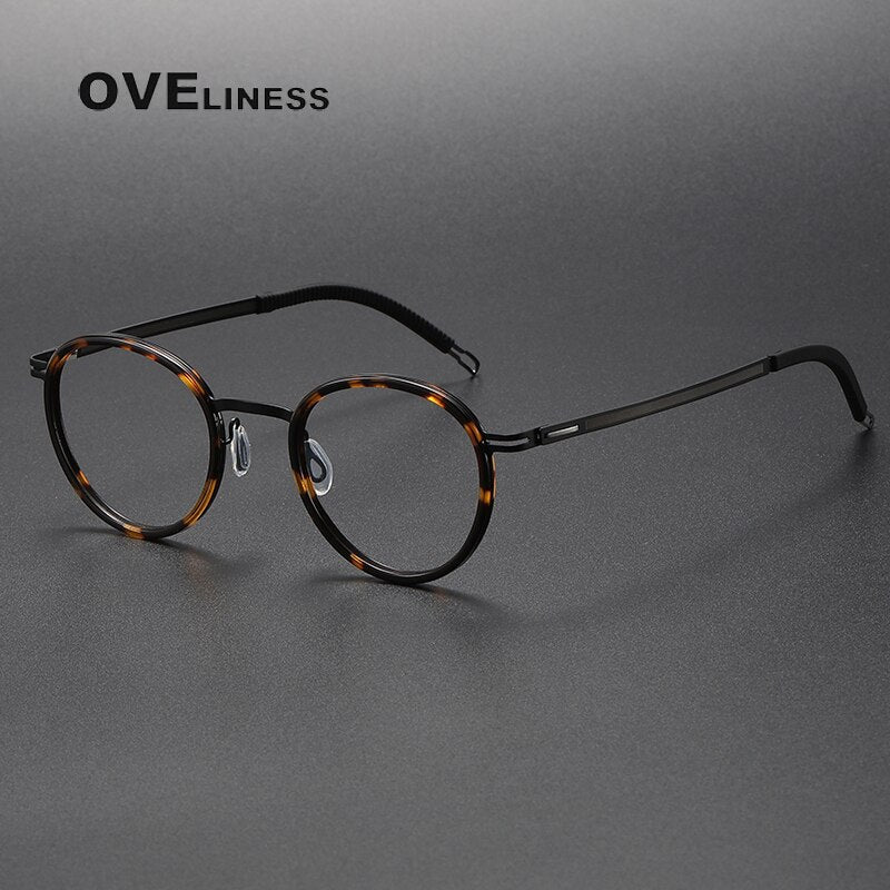 Oveliness Unisex Full Rim Round Screwless Titanium Acetate Eyeglasses 8202317 Full Rim Oveliness tortoise black  