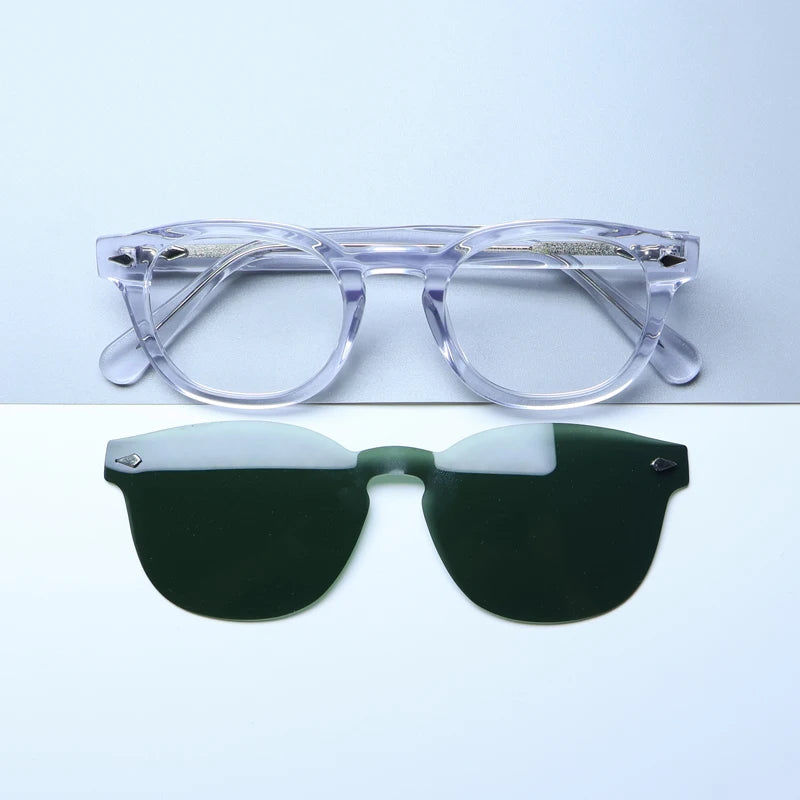 Gatenac Unisex Full Rim Round Acetate Eyeglasses Polarized Clip On Sunglasses 1145  FuzWeb  Transparent Green  