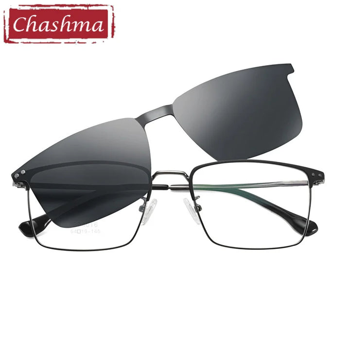 Chashma Ottica Unisex Full Rim Square Alloy Eyeglasses Clip On Sunglasses 940162