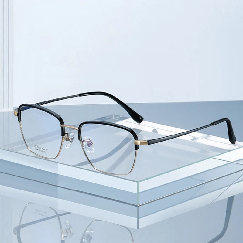 Hotony Unisex Semi Rim Square Polygon Titanium Eyeglasses 72038 Semi Rim Hotony