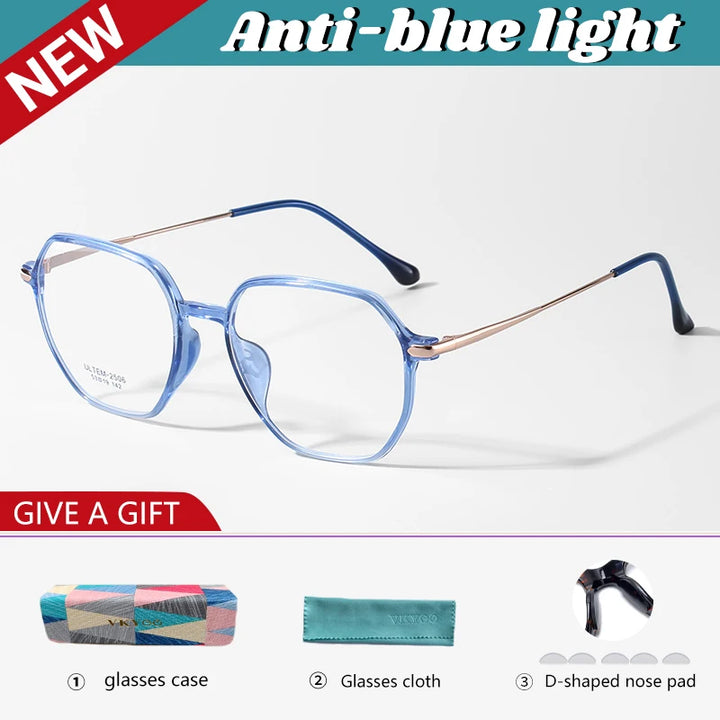 Vicky Women's Full Rim Flat Top Polygon Ultem Steel Reading Glasses 4250 Reading Glasses Vicky -350 D2506-blue gold 