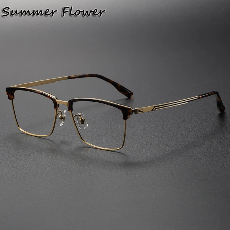 Summer Flower Unisex Full Rim Square Acetate Titanium Eyeglasses 83060 Full Rim Summer Flower Leopard Gold