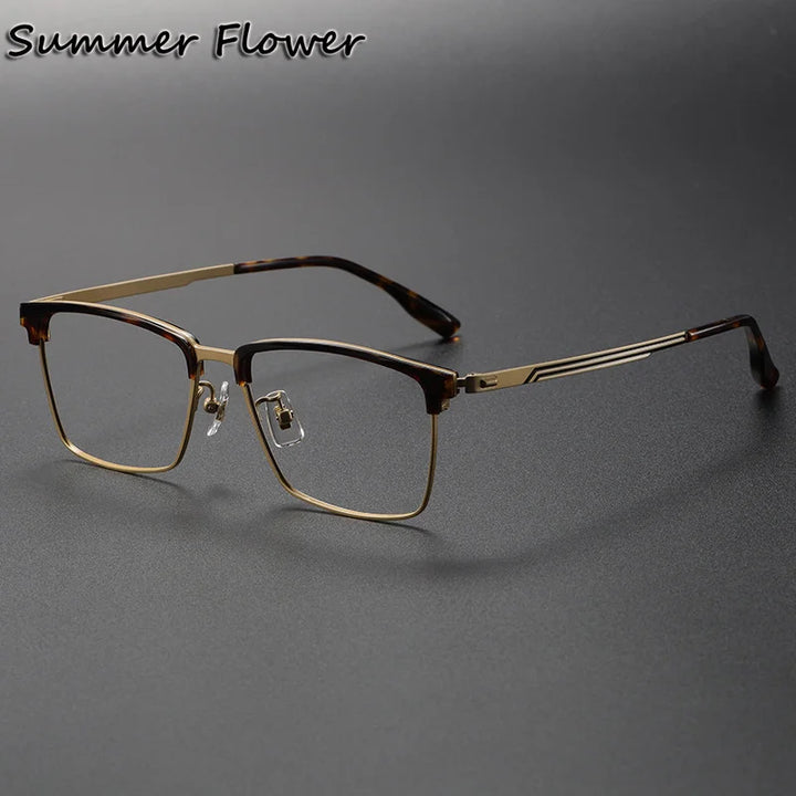 Summer Flower Unisex Full Rim Square Acetate Titanium Eyeglasses 83060 Full Rim Summer Flower Leopard Gold