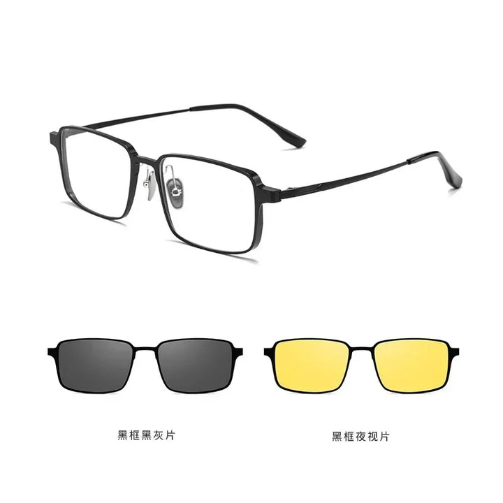 Hotochki Unisex Fulll Rim Square Titanium Al Eyeglasses Clip On Sunglasses 429909