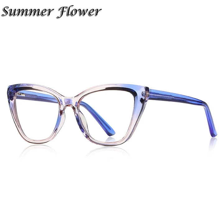 Summer Flower Women's Full Rim Square Cat Eye Tr 90 Titanium Eyeglasses 842148 Full Rim Summer Flower Blue Pink