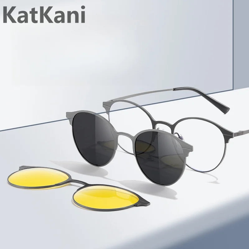 KatKani Unisex Full Rim Round Aluminum Eyeglasses Clip On Polarized Sunglasses 7029 With Clip Ons KatKani Eyeglasses   