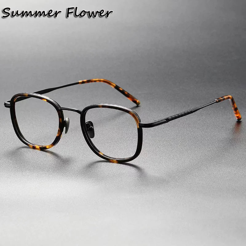 Summer Flower Unisex Full Rim Square Acetate Titanium Eyeglasses 14522 Full Rim Summer Flower Leopard Black