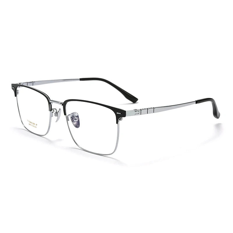 KatKani Men's Full Rim Square Titanium Eyeglasses H26012 Full Rim KatKani Eyeglasses Black Silver  