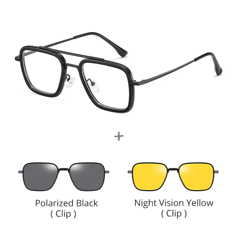 Ralferty Men's Full Rim Square Double Bridge Alloy Tr 90 Eyeglasses Clip On Sunglasses 517701