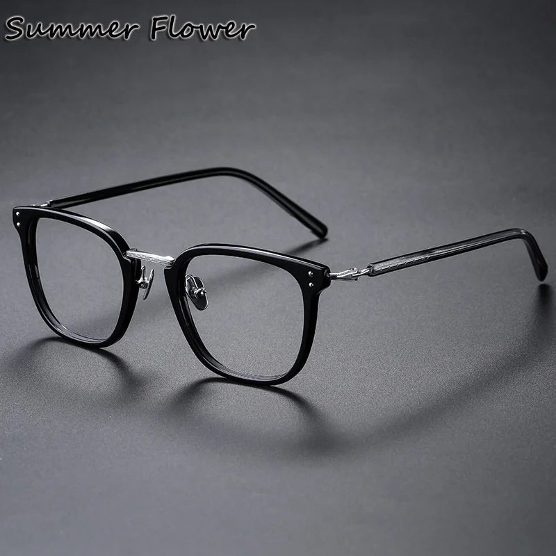 Summer Flower Unisex Full Rim Square Acetate Titanium Eyeglasses 84820 Full Rim Summer Flower Black Silver