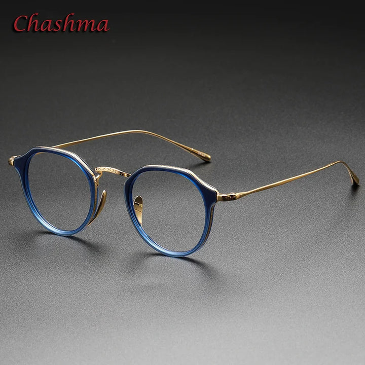 Chashma Ochki Unisex Full Rim Flat Top Round Acetate Titanium Eyeglasses 0113 Full Rim Chashma Ochki Blue  