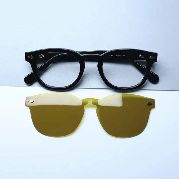 Gatenac Unisex Full Rim Round Acetate Eyeglasses Polarized Clip On Sunglasses 1145  FuzWeb  Black Yellow  