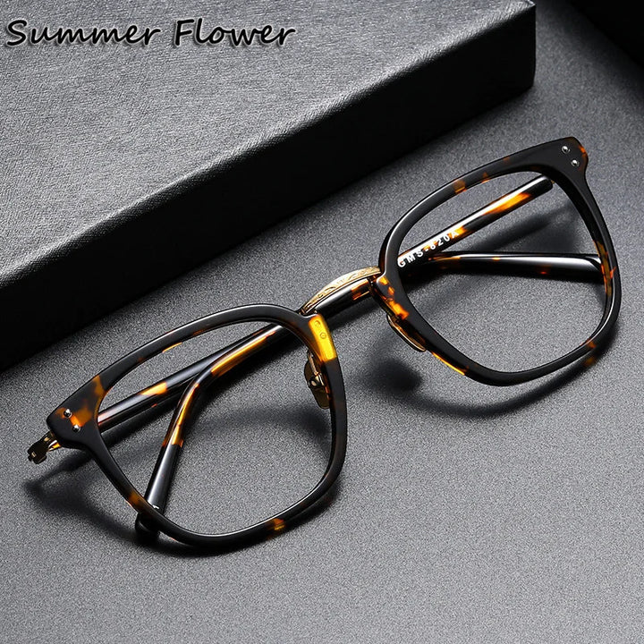 Summer Flower Unisex Full Rim Square Acetate Titanium Eyeglasses 82044