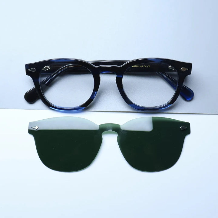 Gatenac Unisex Full Rim Round Acetate Eyeglasses Polarized Clip On Sunglasses 1145  FuzWeb  Blue Green Clips  